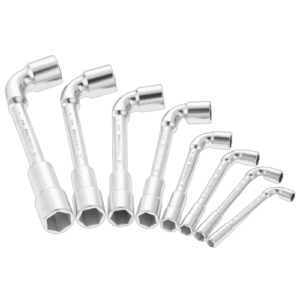 Set of Facom 76.JN8 metric angled socket wrench sets in various sizes on a black background.