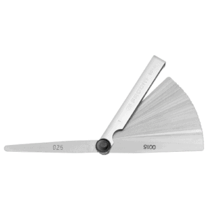 Facom inch thickness gauges 804.U with multiple measurement blades fanned out for precise thickness measurement.