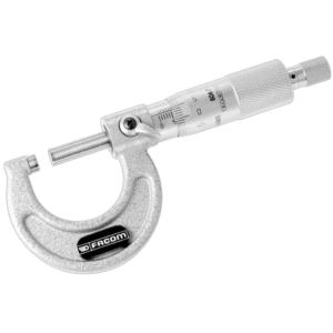 Facom exterior friction micrometer with 1/100th mm accuracy, silver finish, and adjustable spindle for precise measurements.