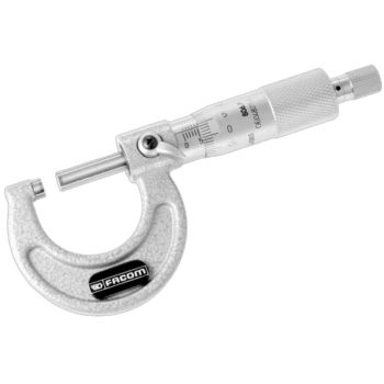 Facom exterior friction micrometer with 1/100th mm accuracy, silver finish, and adjustable spindle for precise measurements.