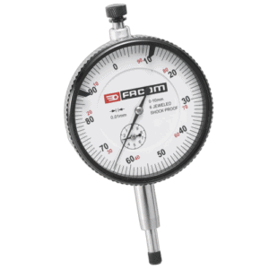 Facom dial gauge with 0-10mm measurement range, precision 1/100th mm, shock-proof design, and 6 jewel bearings for accurate measurements.