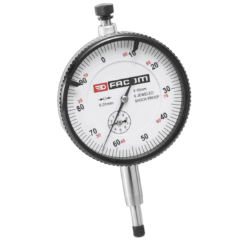 Facom dial gauge with 0-10mm measurement range, precision 1/100th mm, shock-proof design, and 6 jewel bearings for accurate measurements.