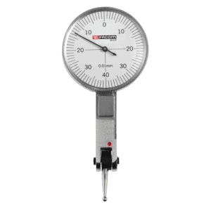 Facom lever dial gauge with 1/100th mm accuracy, featuring a white dial and black markings, suitable for precise measurements in engineering and automotive applications.