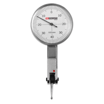 Facom lever dial gauge with 1/100th mm accuracy, featuring a white dial and black markings, suitable for precise measurements in engineering and automotive applications.