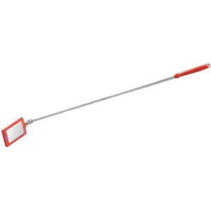 Telescopic mirror with red handle for automotive or racing use, extendable for better visibility.