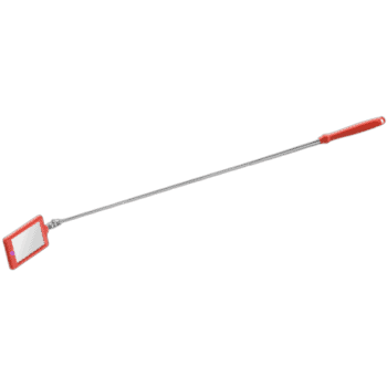 Telescopic mirror with red handle for automotive or racing use, extendable for better visibility.