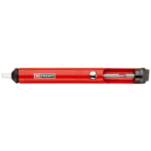 Facom 839A desoldering pump in red with black nozzle and clear chamber for solder removal, ideal for electronics repair.