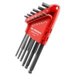 Facom 13-piece metric hex key set in a red plastic holder with black hex keys of various sizes.