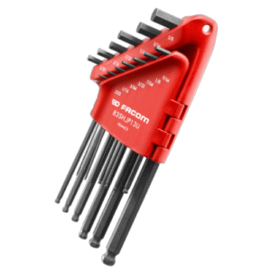 Facom 13-piece metric hex key set in a red plastic holder with black hex keys of various sizes.
