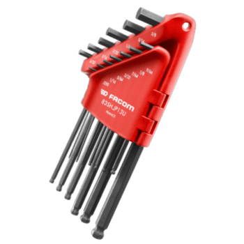 Facom 13-piece metric hex key set in a red plastic holder with black hex keys of various sizes.