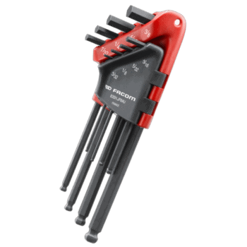 Facom set of hexagon keys in a red and black wallet with sizes marked on each key for precise tightening and loosening.