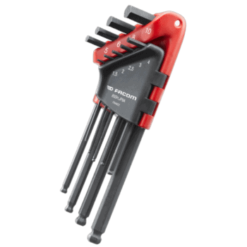 Facom set of hexagon keys in a red and black wallet, featuring sizes from 1.5mm to 10mm, ideal for precision mechanical work.