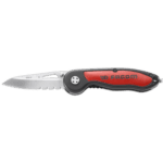 Facom lock-back knife with bi-material handle, featuring a serrated blade and ergonomic grip for precision cutting.