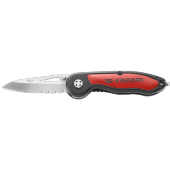 Facom lock-back knife with bi-material handle, featuring a serrated blade and ergonomic grip for precision cutting.