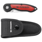 Facom multi-tool with red and black handle and black sheath, ideal for professional mechanics and DIY enthusiasts.