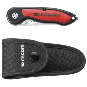 Facom multi-tool with red and black handle and black sheath, ideal for professional mechanics and DIY enthusiasts.