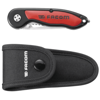 Facom multi-tool with red and black handle and black sheath, ideal for professional mechanics and DIY enthusiasts.