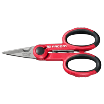 Facom sheathed electricians scissors 841A.4 with titanium-coated blades and ergonomic handles for precise cutting.