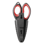 Racing scissors with red and black handles, designed for motorsport use, displayed against a plain background.