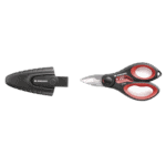 Pair of racing safety scissors with black and red handles, designed for quick helmet and gear removal in motorsport emergencies.