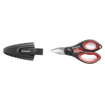 Pair of racing safety scissors with black and red handles, designed for quick helmet and gear removal in motorsport emergencies.