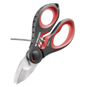 Facom heavy duty scissors 841a.3pb with ergonomic red and black handles for precise cutting tasks.