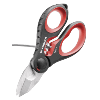 Facom heavy duty scissors 841a.3pb with ergonomic red and black handles for precise cutting tasks.