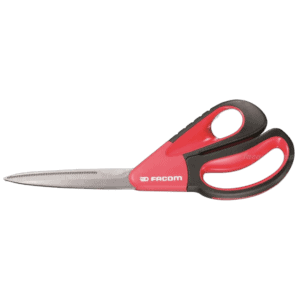 Facom heavy duty scissors with red and black ergonomic handles and sharp stainless steel blades for industrial use.