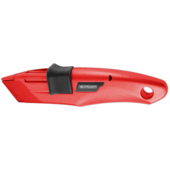 Facom safety knife with retractable blade, red handle, and black grip for secure cutting safety.