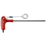 Red grease gun with metal nozzle and flexible hose for lubrication tasks.
