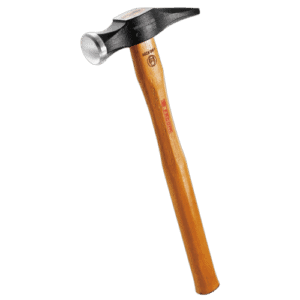 Dinging hammer with round face and wooden handle, ideal for precision metalwork and automotive repairs.