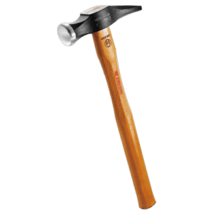 Dinging hammer with round face and wooden handle, ideal for precision metalwork and automotive repairs.