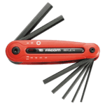 Facom 86H hexagon keys on sleeve set for precise mechanical work, featuring a red handle and multiple black hex keys of varying sizes.