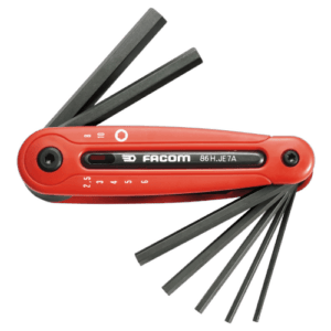 Facom 86H hexagon keys on sleeve set for precise mechanical work, featuring a red handle and multiple black hex keys of varying sizes.