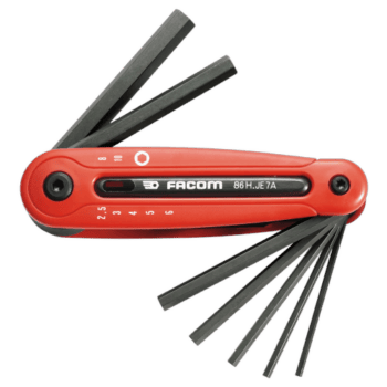 Facom 86H hexagon keys on sleeve set for precise mechanical work, featuring a red handle and multiple black hex keys of varying sizes.