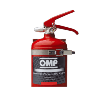 Red OMP White Collection hand-held fire extinguisher with black label and silver handle, used for motorsport safety.