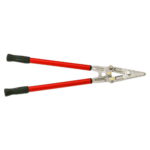 Heavy-duty two-hand shears with red handles and sharp blades for precise cutting tasks.