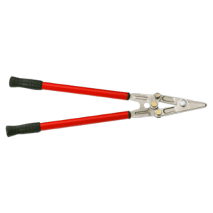 Heavy-duty two-hand shears with red handles and sharp blades for precise cutting tasks.