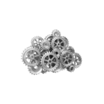 Collection of metallic gears and cogs, representing mechanical components for industrial or automotive use.