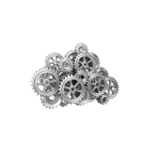 Collection of metallic gears and cogs, representing mechanical components for industrial or automotive use.