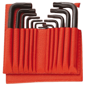 Set of Torx keys in a red roll, ideal for automotive and mechanical repairs, featuring various sizes for versatile use.