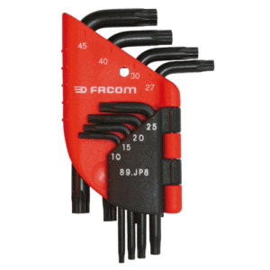 Facom 89.JP set of Torx keys in a compact wallet with sizes from T10 to T45 for precise fastening tasks.
