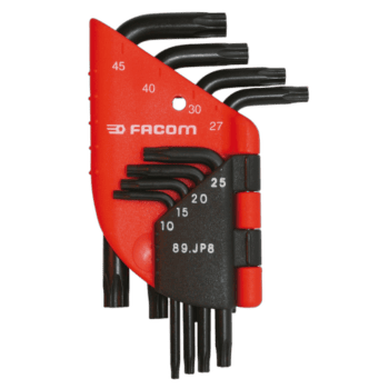 Facom 89.JP set of Torx keys in a compact wallet with sizes from T10 to T45 for precise fastening tasks.
