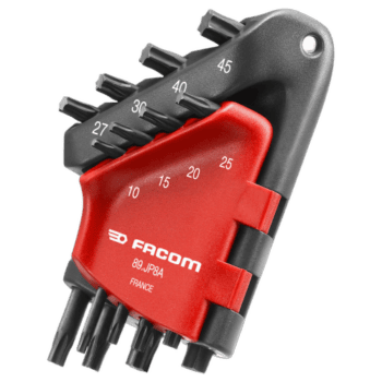 Facom 89.JP set of Torx keys in a compact wallet with sizes from T10 to T45 for precise screwdriving.