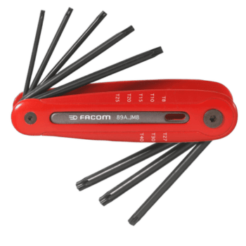 Facom 89.JM hexagon Torx keys set on a red holder, with sizes ranging from 1.5 to 3.0 mm, ideal for precision mechanical work.