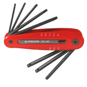 Facom 89.JM hexagon Torx keys set on red storage sleeve, ideal for precision mechanical work.