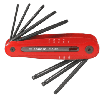 Facom 89.JM hexagon Torx keys set on red storage sleeve, ideal for precision mechanical work.