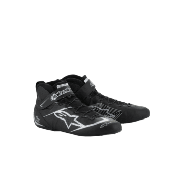 Black Alpinestars racing shoes with white logo and Velcro strap, designed for motorsport enthusiasts and professional racers.