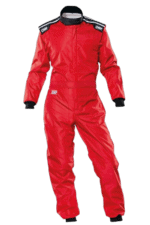 Red Grand Prix racing suit with black and white accents, designed for motorsport safety and performance.