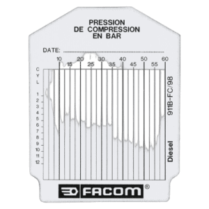Facom diesel engine test card showing pressure readings in bar for diagnostic purposes.